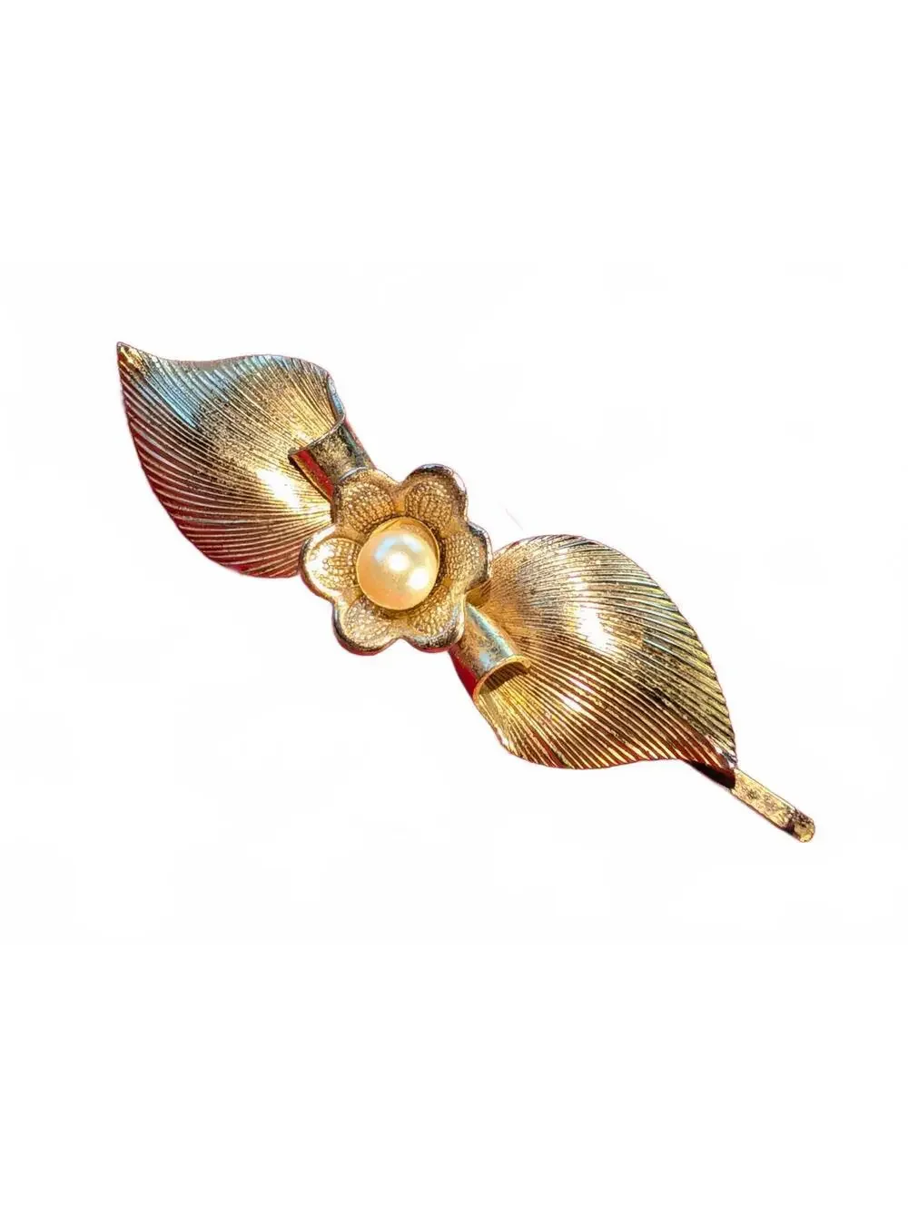 Vintage Gold Tone Leaf and Flower Brooch with Faux Pearl Center